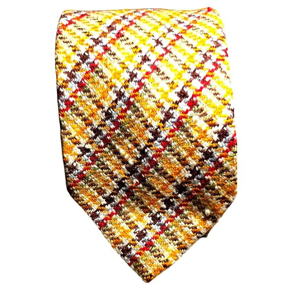 Vintage Necktie Resilio Plaid Silk Men's Tie Yellow Red Brown 57" Retro - Picture 1 of 6